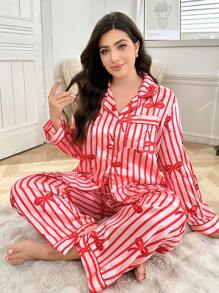 Red & White Striped Bow Pajama Set