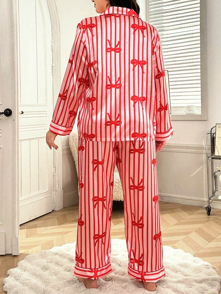 Red & White Striped Bow Pajama Set