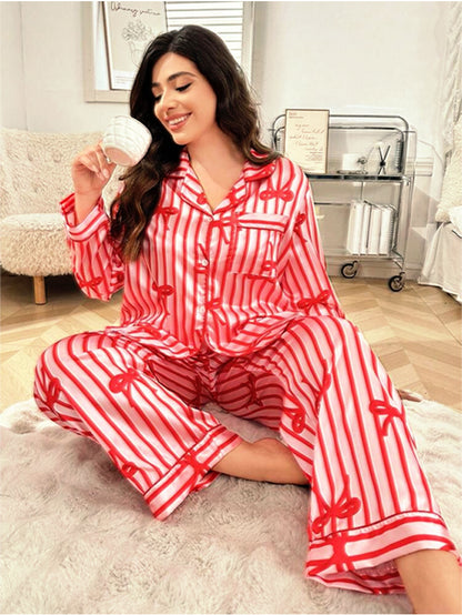 Red & White Striped Bow Pajama Set